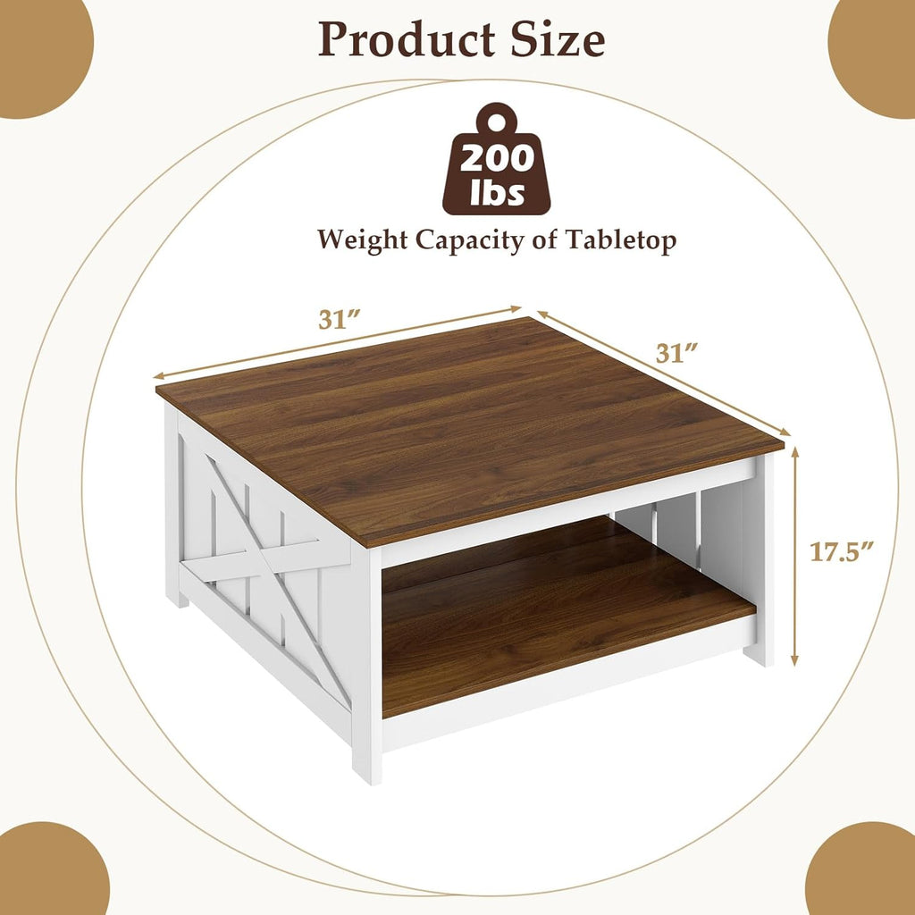 Farmhouse Coffee Table, 31 Inch Square Wood Coffee Table with Storage Shelf