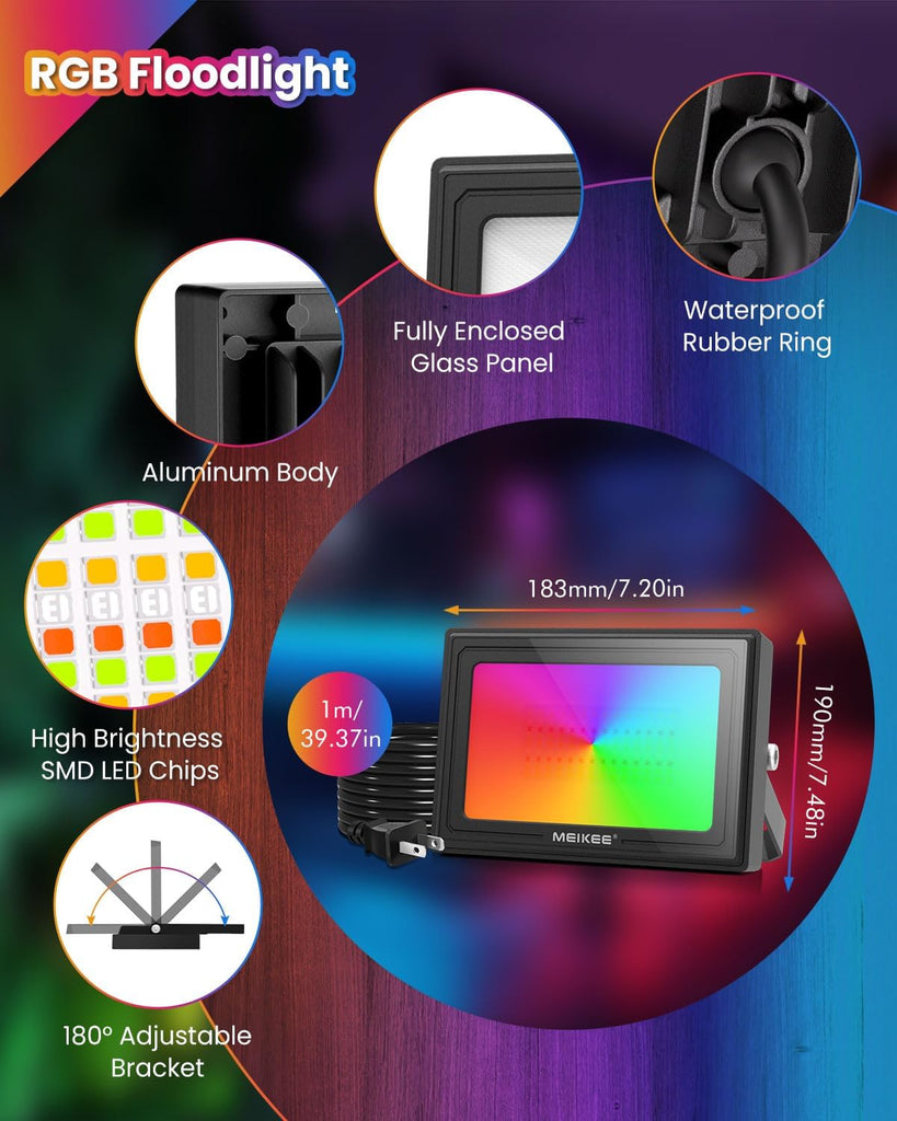 60W 6000LM RGBW Flood Lights Color Changing LED Floodlights | 600W Equivalent Dimmable 6500K White Light Outdoor