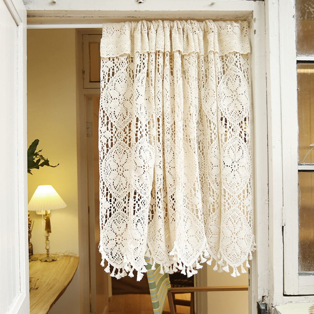 Short Curtain for Small Window Sheer Transparent Beige Cotton Hollow Crochet Lace Chic Bohemian Valance Panel Drapes
