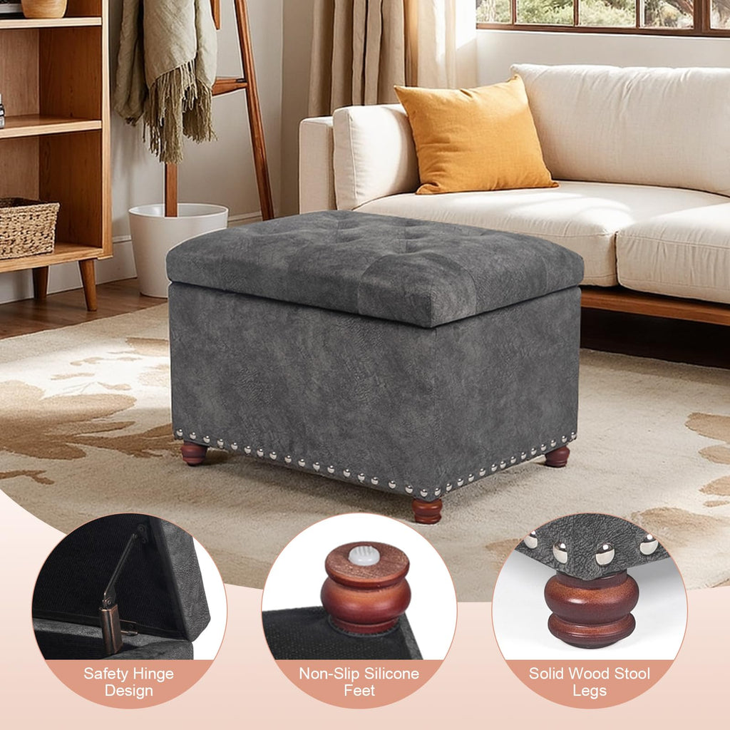 24'' Ottoman with Storage, Upholstered Storage Ottoman Stool, Velvet Tufted Cube Footstools Small, Hinged Foot Rest