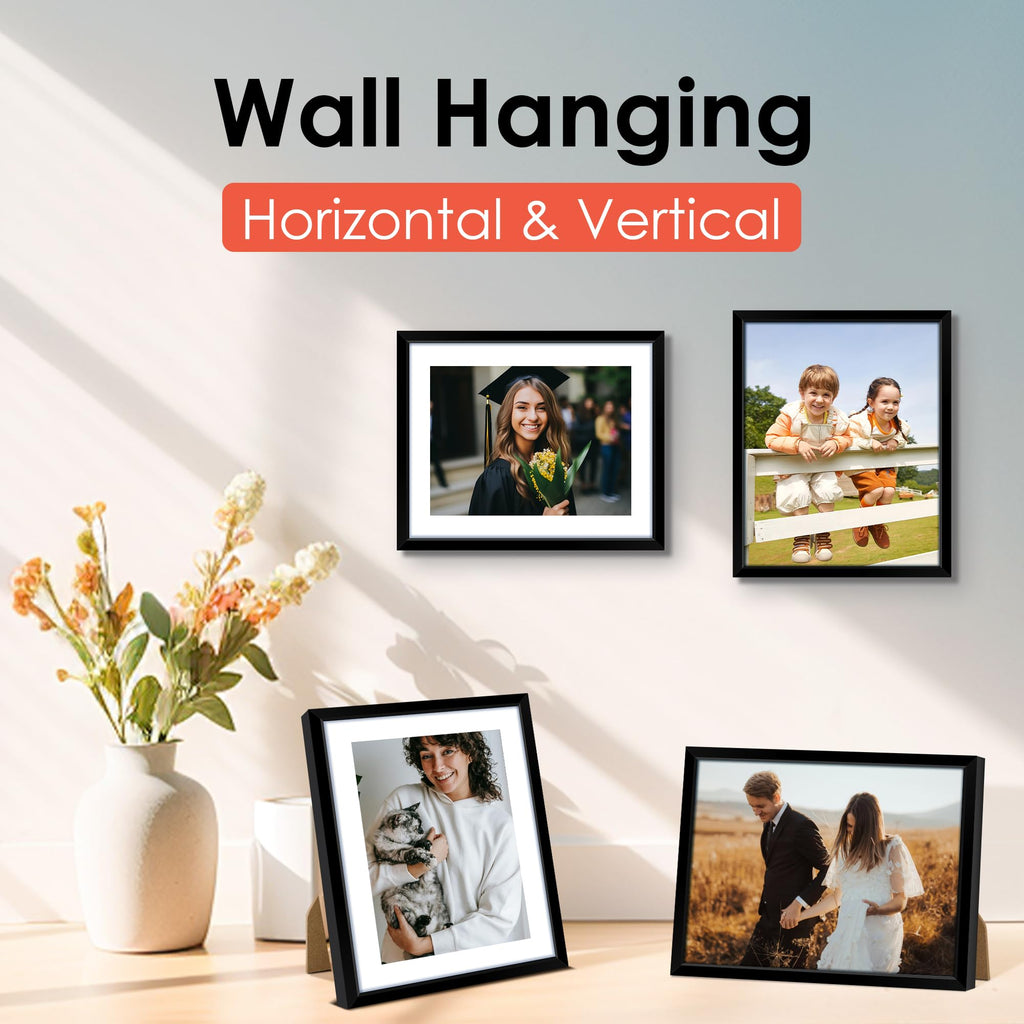 8x10 Picture Frame Set of 6, Black Photo Frames Bulk with HD Plexiglass, Display Pictures 5x7 with Mat or 8x10