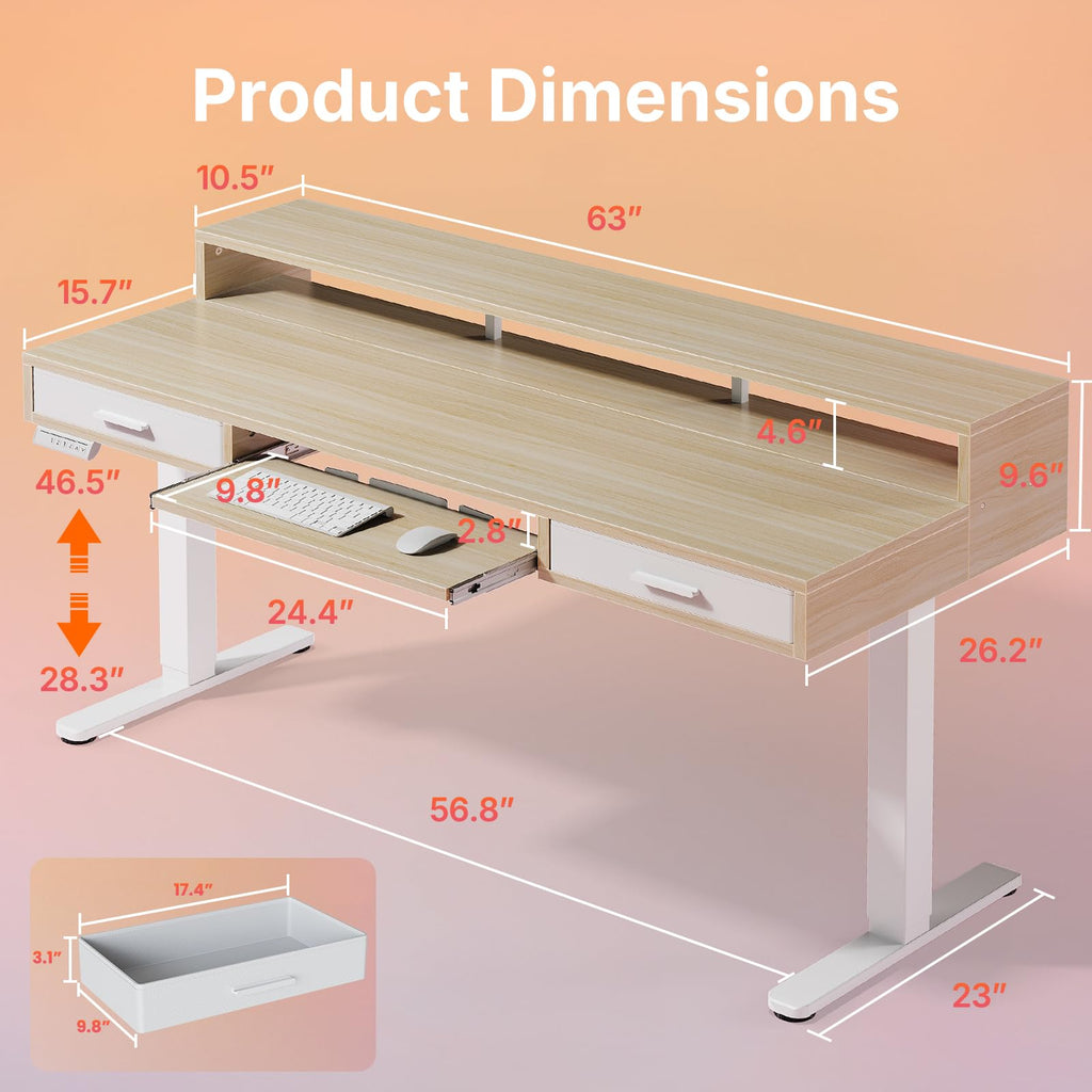 63′′ x 26′′ Electric Standing Desk with 2 Drawers &24.4′′ Large Keyboard Tray, C-Clamp Mount Compatible, Adjustable