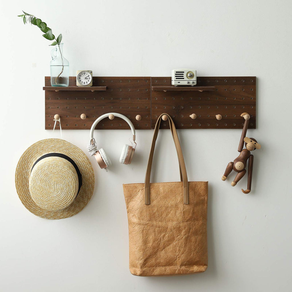Wooden Pegboard Modular Display Organization Storage Wall Hooks Shelf(Color:Walnut)