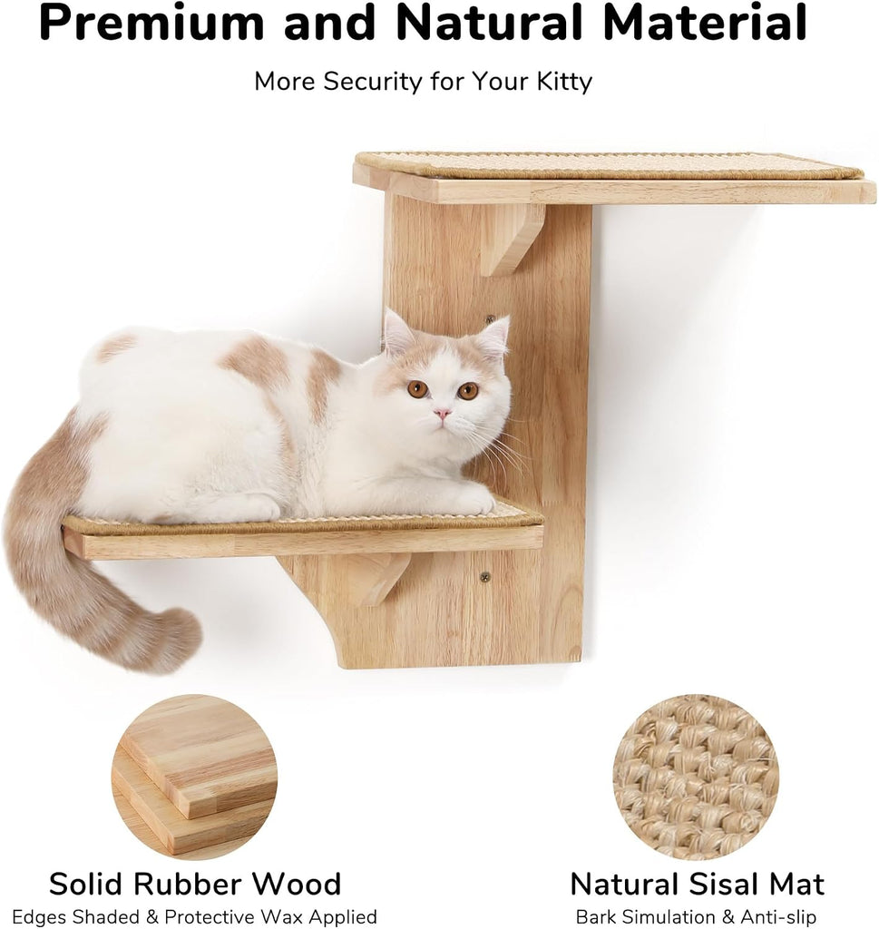 Cat Wall Shelves, 2 Platform Kitten Wall Furniture, Tree Shape Wall-Mounted Floating Shelf with Sisal Mat, Solid