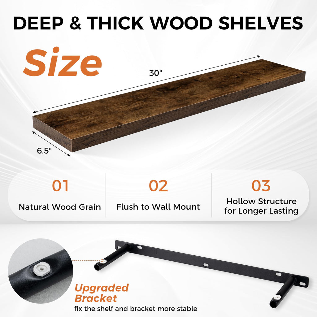 Floating Shelves for Wall, 30" Rustic Wood Deep Wall Mounted Shelves with Invisible Brackets for Decor & Storage