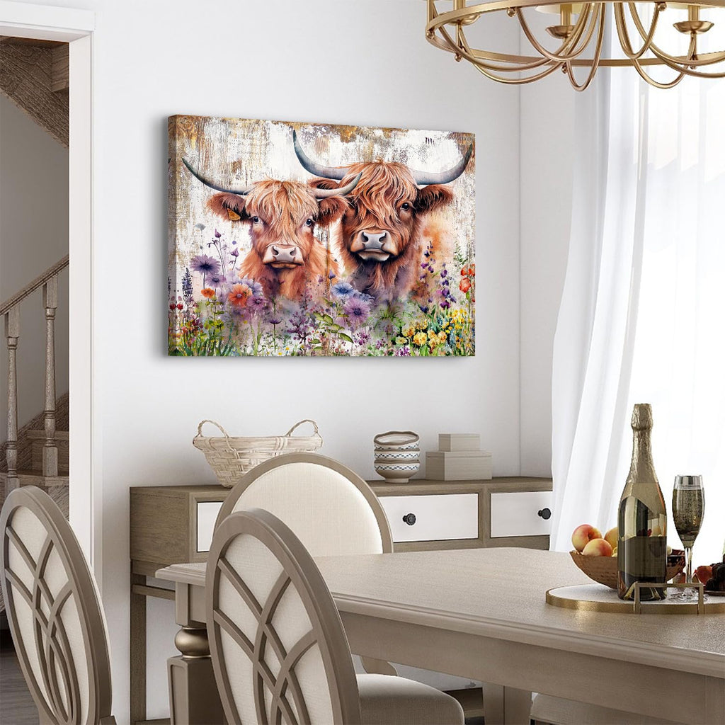 Cute Highland Cow Wall Art Rustic Cows Picture Wall Decor Nursery Room Decor Farmhouse Wildflower Scottish Cow