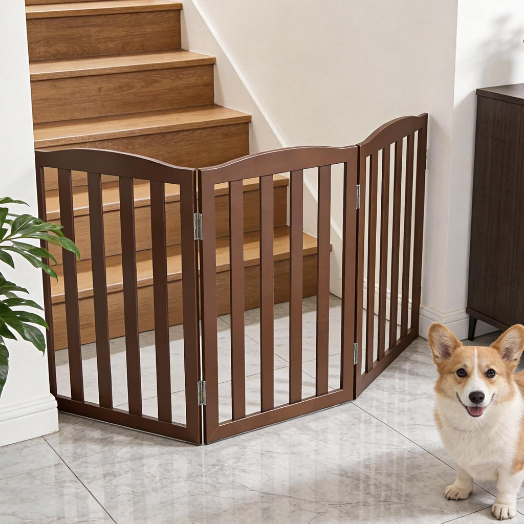 Freestanding Dog Gate Indoor, Doggie Gate Foldable Pet Gates for Doorways, Stairs or Hallways, Wooden Brown Pet Gate