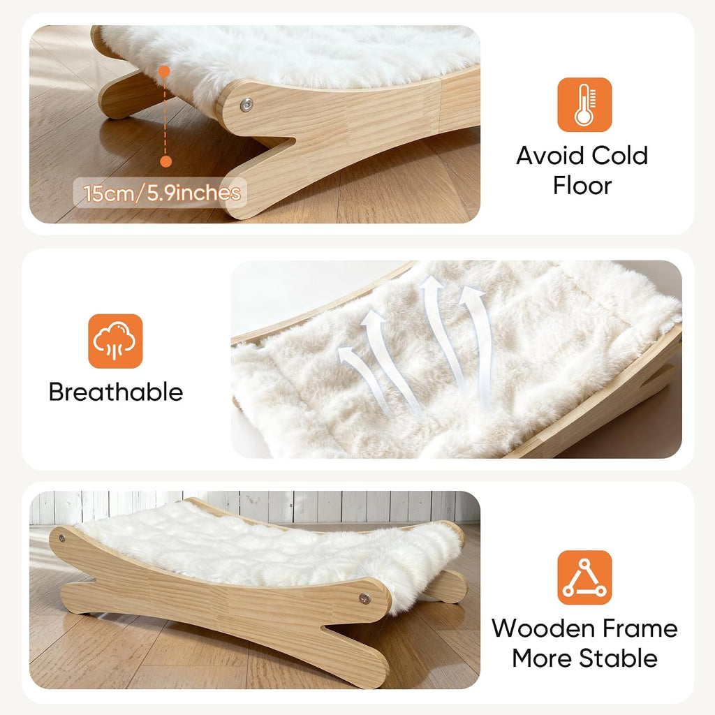 Plush Elevated Cat Bed - Cozy Raised Cat Hammock with Solid Wood Frame, Soft Furry Cushion for Indoor Cats & Small