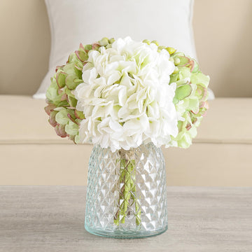 Hydrangeas Floral Arrangement in Glass Vase; Fake Green
