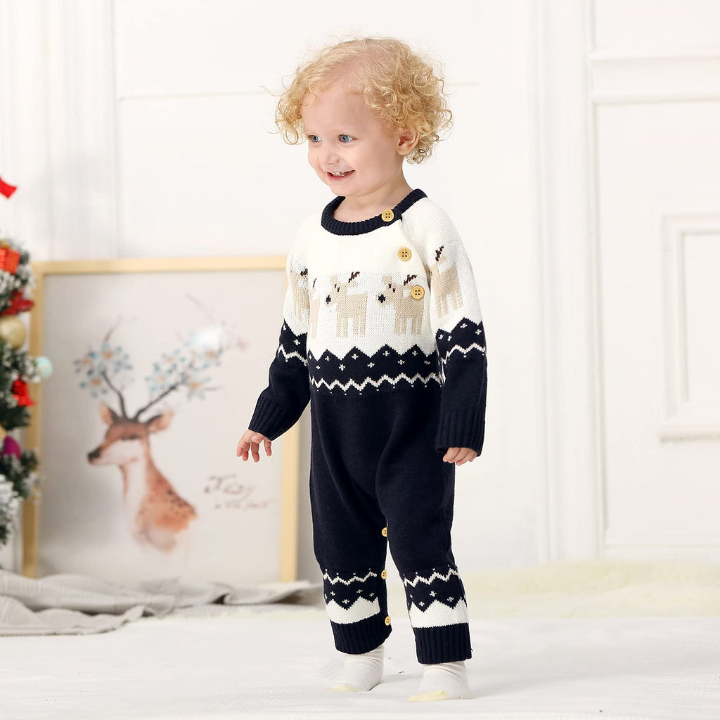 Baby Christmas Sweater Toddler Reindeer Outfit Long Sleeve Red Clothes (Deep Blue-Jumpsuit, )