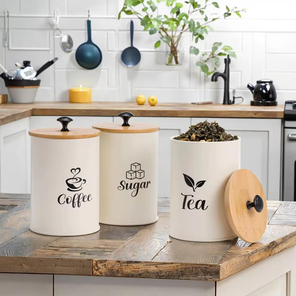 3 Pack Kitchen Canisters with Bamboo Lids, Metal Canister Set for the Kitchen Counter, Airtight Coffee Container Tea