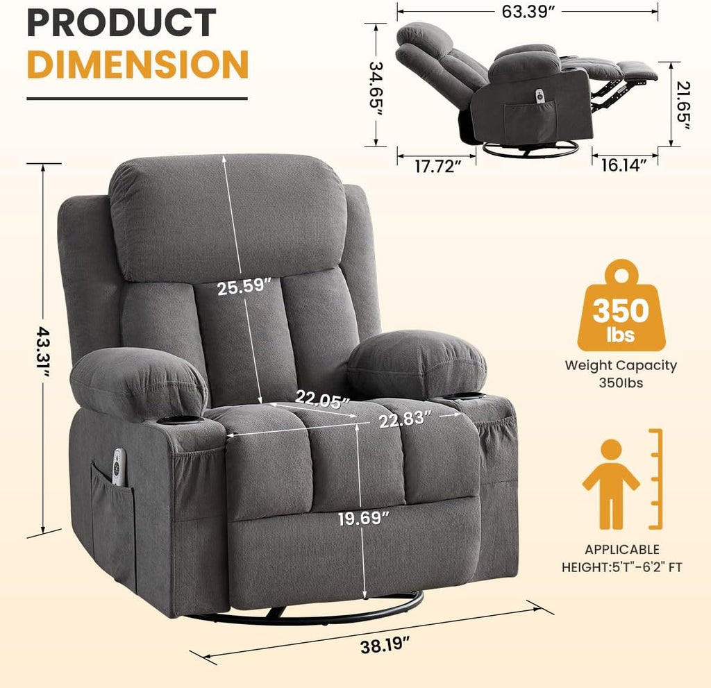 Swivel Rocker Recliner Chair with Vibration Massage and Lumbar Heating Ergonomic Lounge Chair with Rocking Function