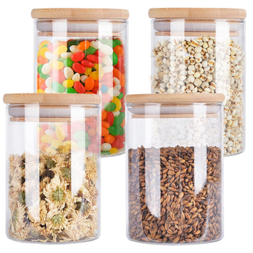 4 Pack Glass Storage Jars with Airtight Bamboo Lid, 27 OZ Glass Kitchen Canisters, Clear Container for Coffee Bean