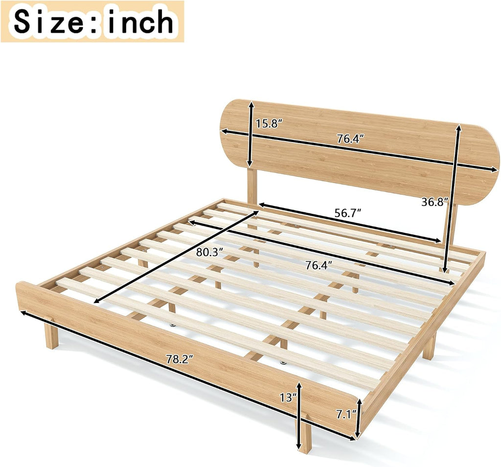King Size Bed Frame with Headboard & Low Footboard, Bamboo King Bed Frame and Headboard with Wood Slats Support