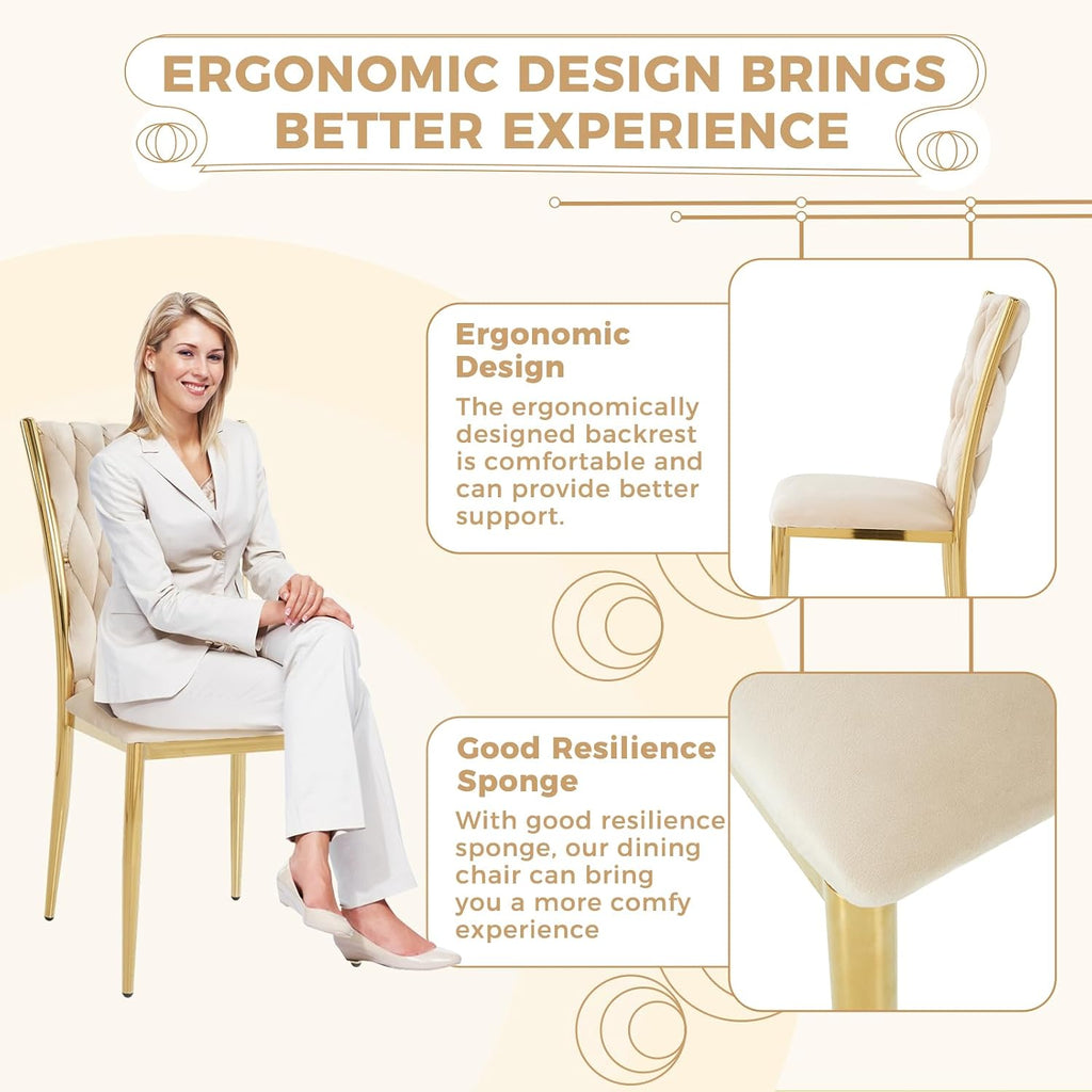 Velvet Dining Chairs Set of 4, Modern Woven Kitchen Chairs with Gold Metal Legs, Upholstered Cushion with High Back