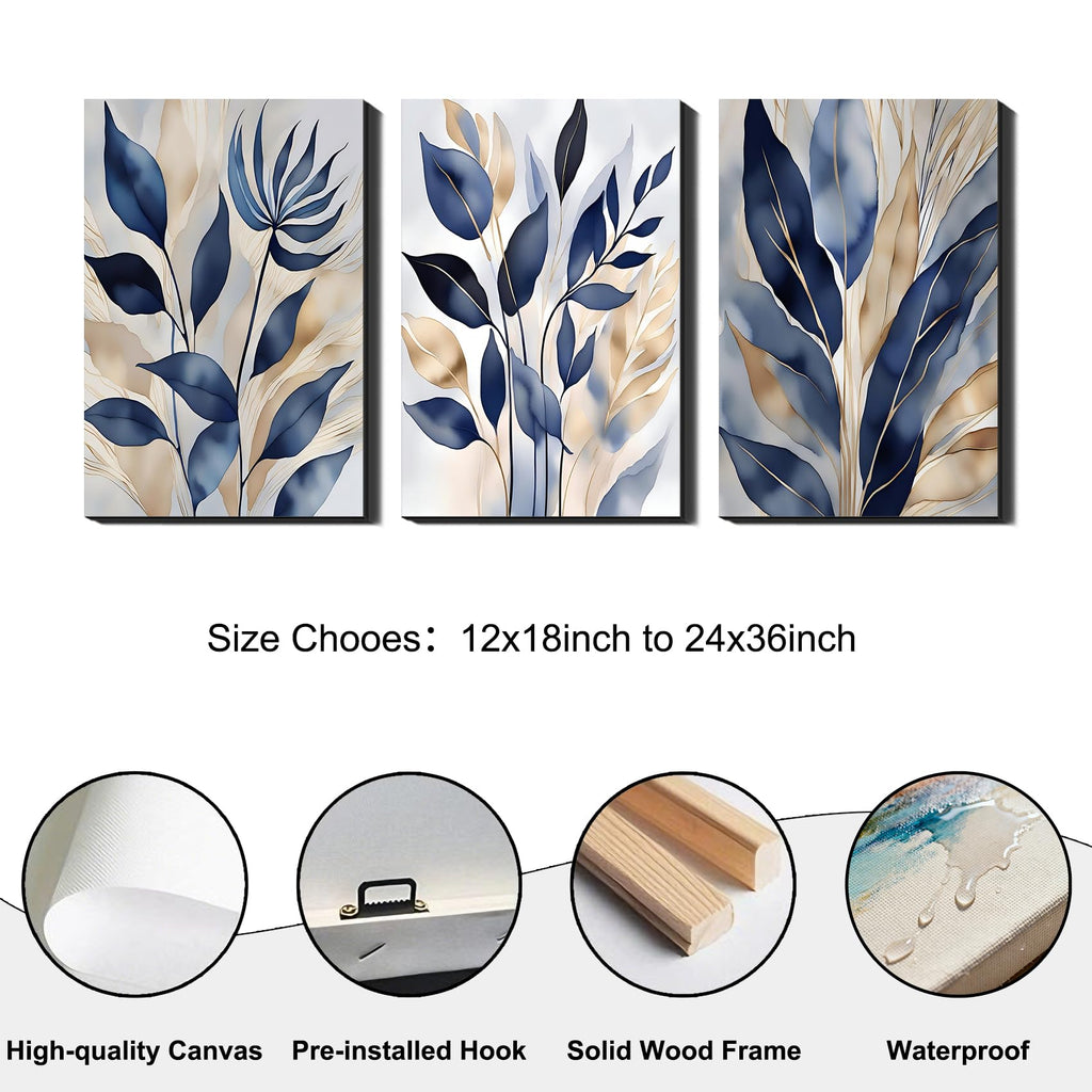 Blue and Gold Botanical Set of 3 Canvas Wall Art, Elegant Leaf Prints Pictures, Large Modern Neutral Paintings