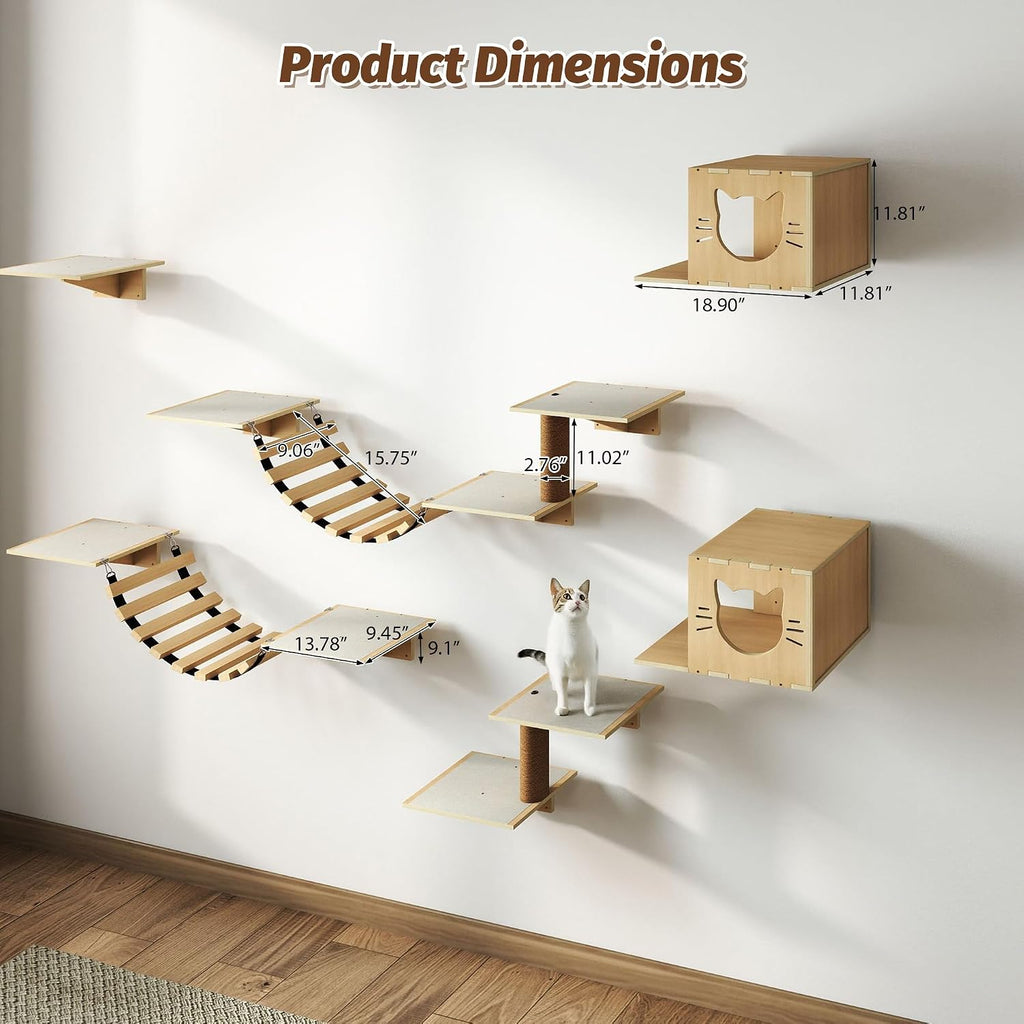 Cat Wall Shelves, Wood 8-in-1 Cat Wall Furniture Set, Large Cat Shelves for Wall with Scratching Post, Cat Climbing