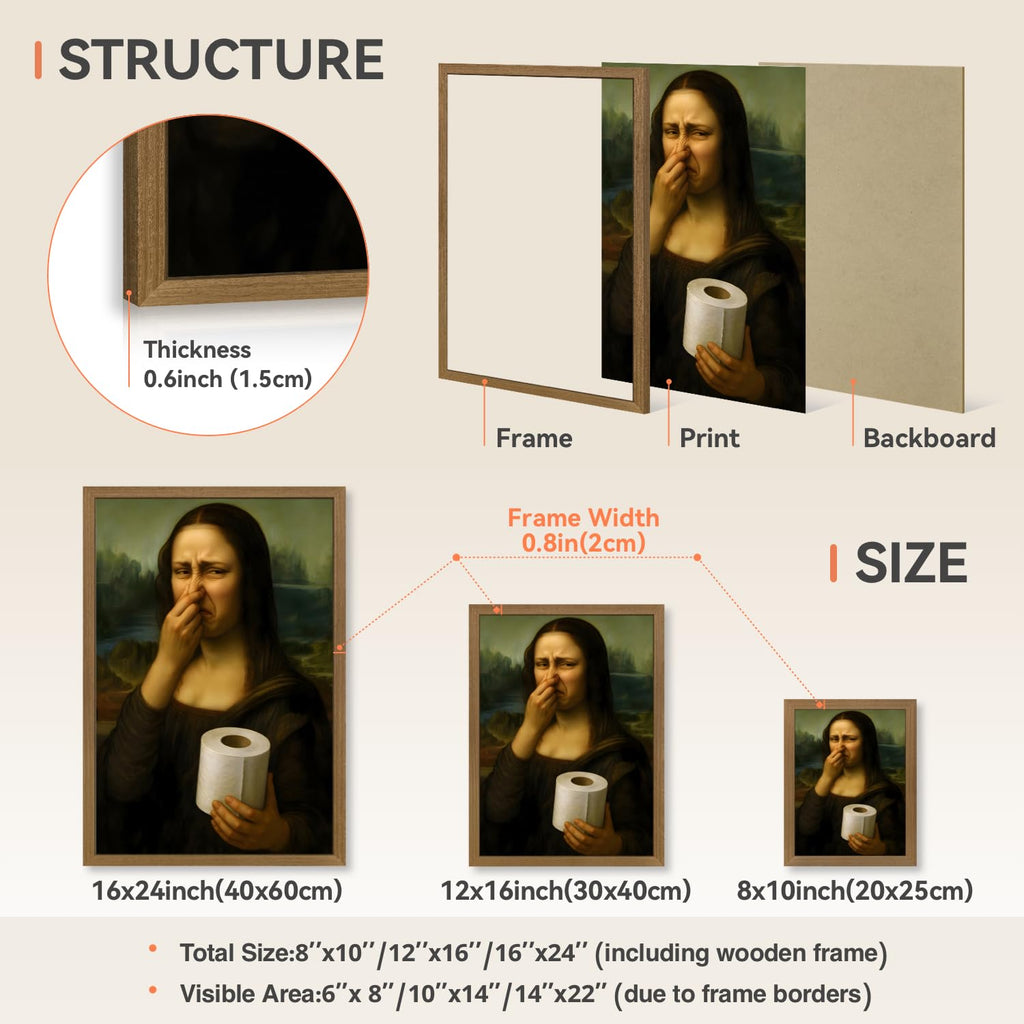 Wood Framed Funny Pinching Nose Mona Lisa Bathroom Wall Art 12x16 in