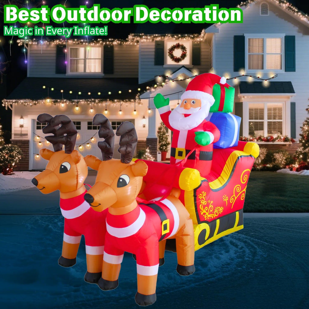 7FT Inflatable Sleigh with Santa and Reindeer Outdoor Decoration, Christmas Blow Up Yard Decorations, Built-in LED