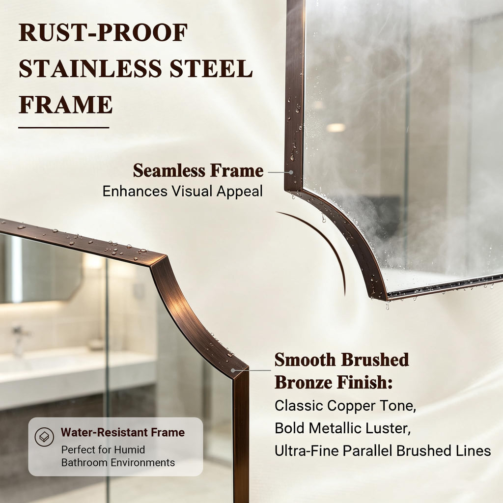 Brushed Bronze Bathroom Mirror, 24x36 Inch Scalloped Mirror, Antique Bronze Rectangular Mirror with Premium