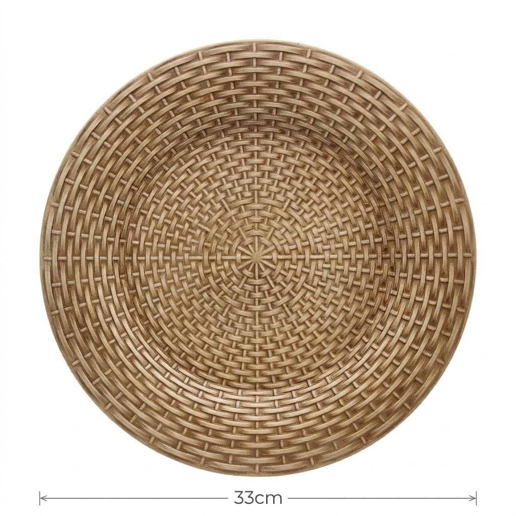 13 Inch Antique Brown Charger Plates Set of 6, Round Plastic Service Plates with Faux Rattan Woven Texture, Matte