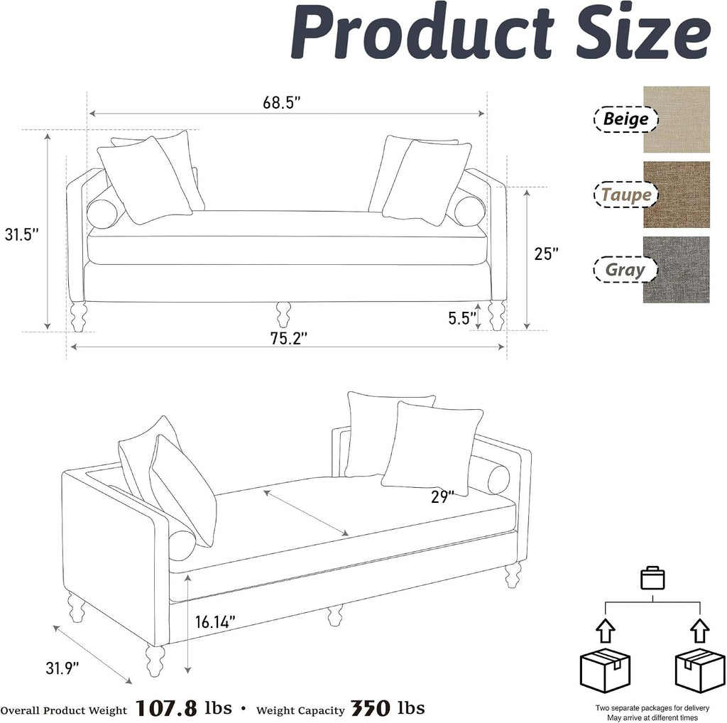 75'' Taupe End of Bed Bench with Nailhead Trim,Upholstered Chenille Chaise Lounge with 4 Throw Pillows&2