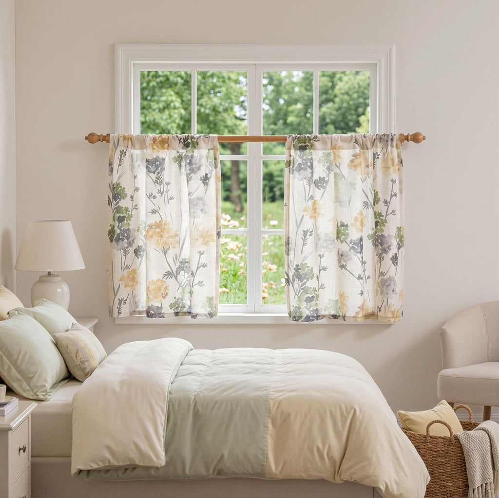Floral Linen Kitchen Tier Cafe Curtains 24 Inch Length 2 Panels Farmhouse Semi Sheer Privacy Small Window Treatments