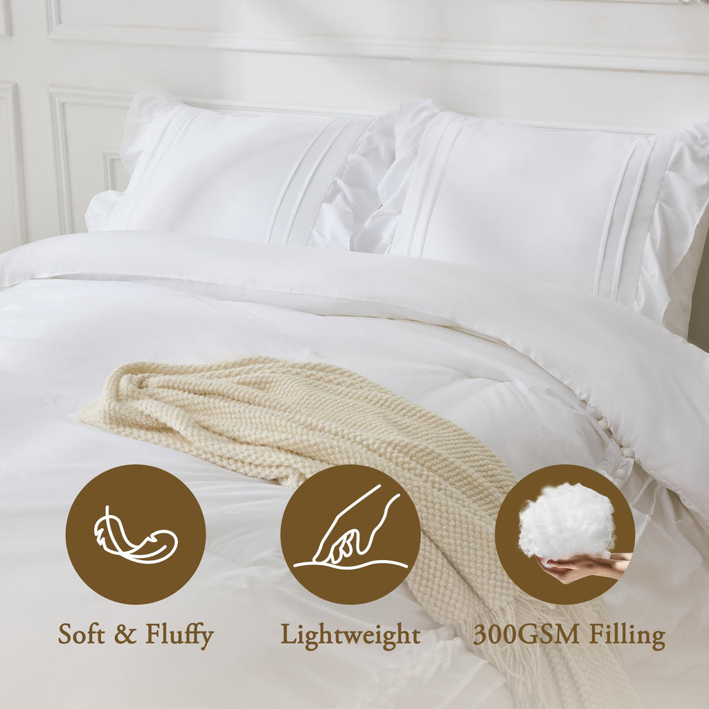 White Ruffle Comforter Set, 3 Pieces Lightweight Fluffy All Season Bedding, Farmhouse Boho Bed Sets with