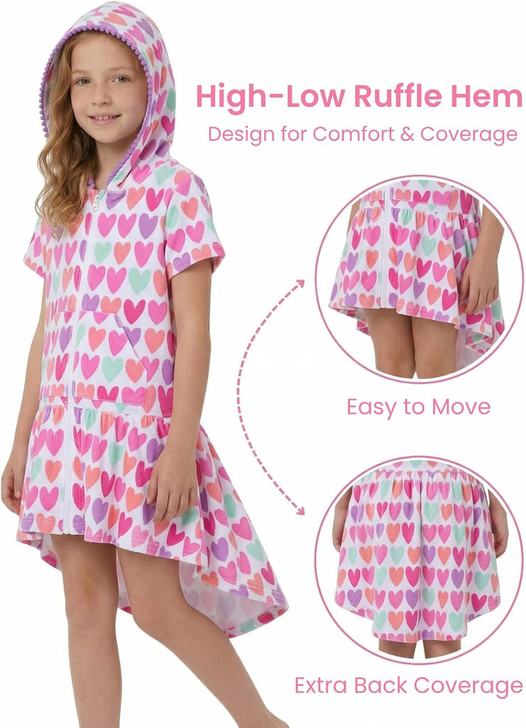 Girls Hooded Terry Swim Cover-Up Dress Full Zip Cute High-Low Hem Beach Dress with Pockets for Toddlers & Kids