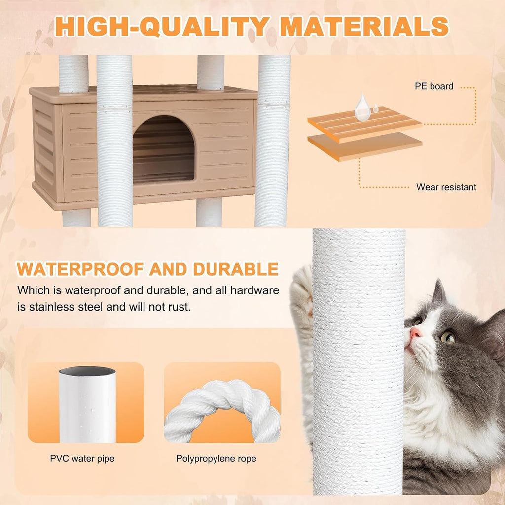 64in Weatherproof Outdoor Cat Tower, Multi Level with Two Large Cat Condos