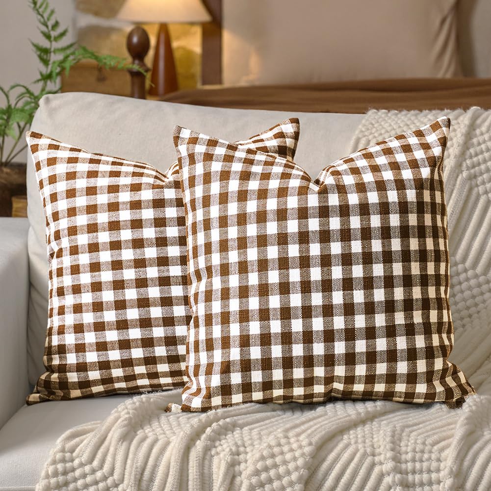 Fall Brown Plaid Gingham Euro Pillow Sham Covers 26x26 Set of 2 for Couch