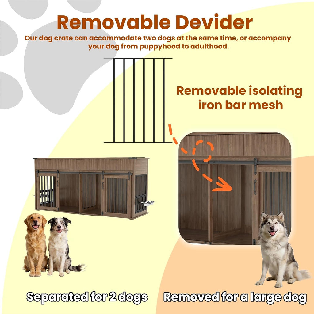 71" Dog Crate Furniture for 2 Dogs, Heavy Duty Large Dog Kennel with 3 Fluted Drawers, Waterproof Tabletop, Type-C