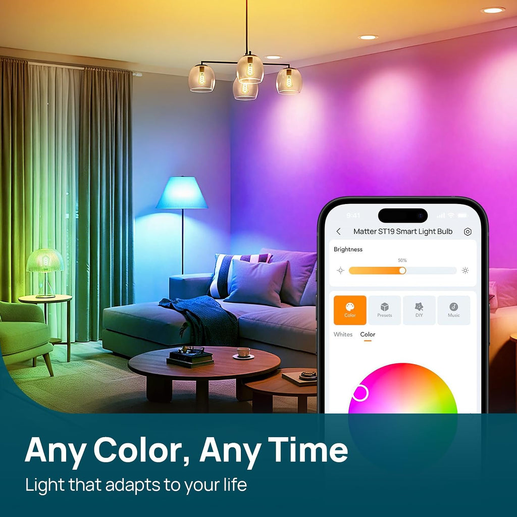 Matter Smart Bulbs, ST19/ST58 E26 Led Bulb Compatible with Alexa, Smart Light Bulbs, WiFi Bulbs, RGBTW Color Changing