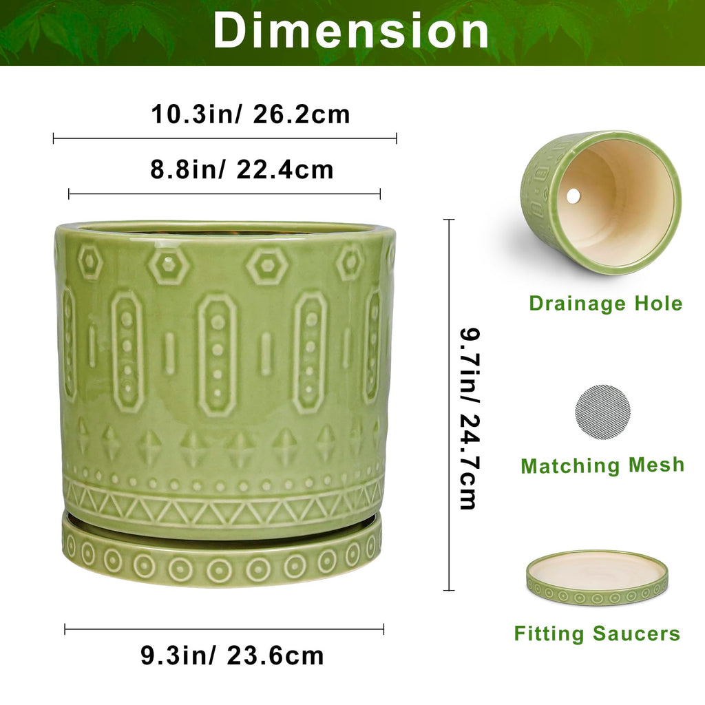 Ceramic Pot for Plants - 10 Inch Indoor Plant Pots with Drainage Holes and Saucer, Boho Round Planter Outdoor