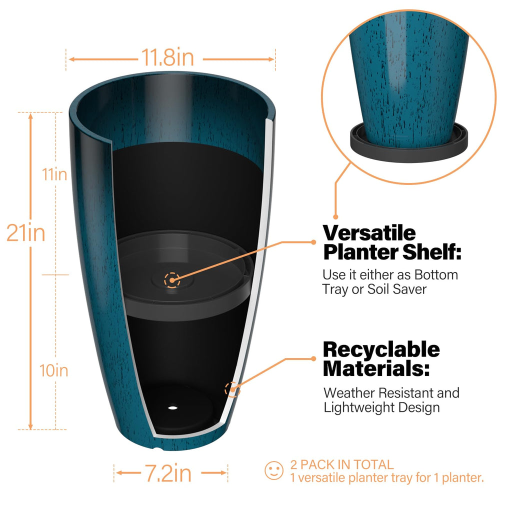 21 Inch Tall Plant Pots for Indoor & Outdoor Use Set of 2, Large Plastic Planters with Removable Tray for Outside