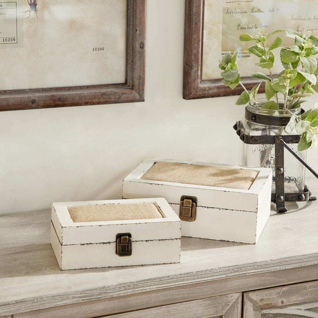 Rustic Ivory Decorative Storage Boxes with Lids, Farmhouse Wooden Boxes Decor, Keepsake Boxes Memory Gift - Set of 2
