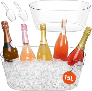 Ice Buckets for Parties, 15L Large Ice Bucket, 4 Gallon Clear Acrylic Champagne Ice Buckets with 2 Scoops - Set of 2