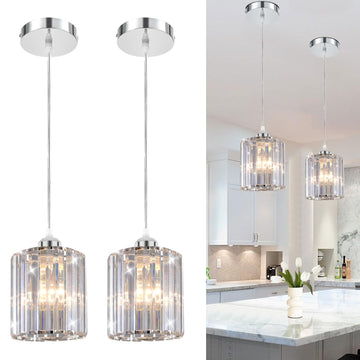 Crystal Pendant Lights - Kitchen Island Lighting, Mini Crystal Chandelier, Bar - 2 Pack - Silver