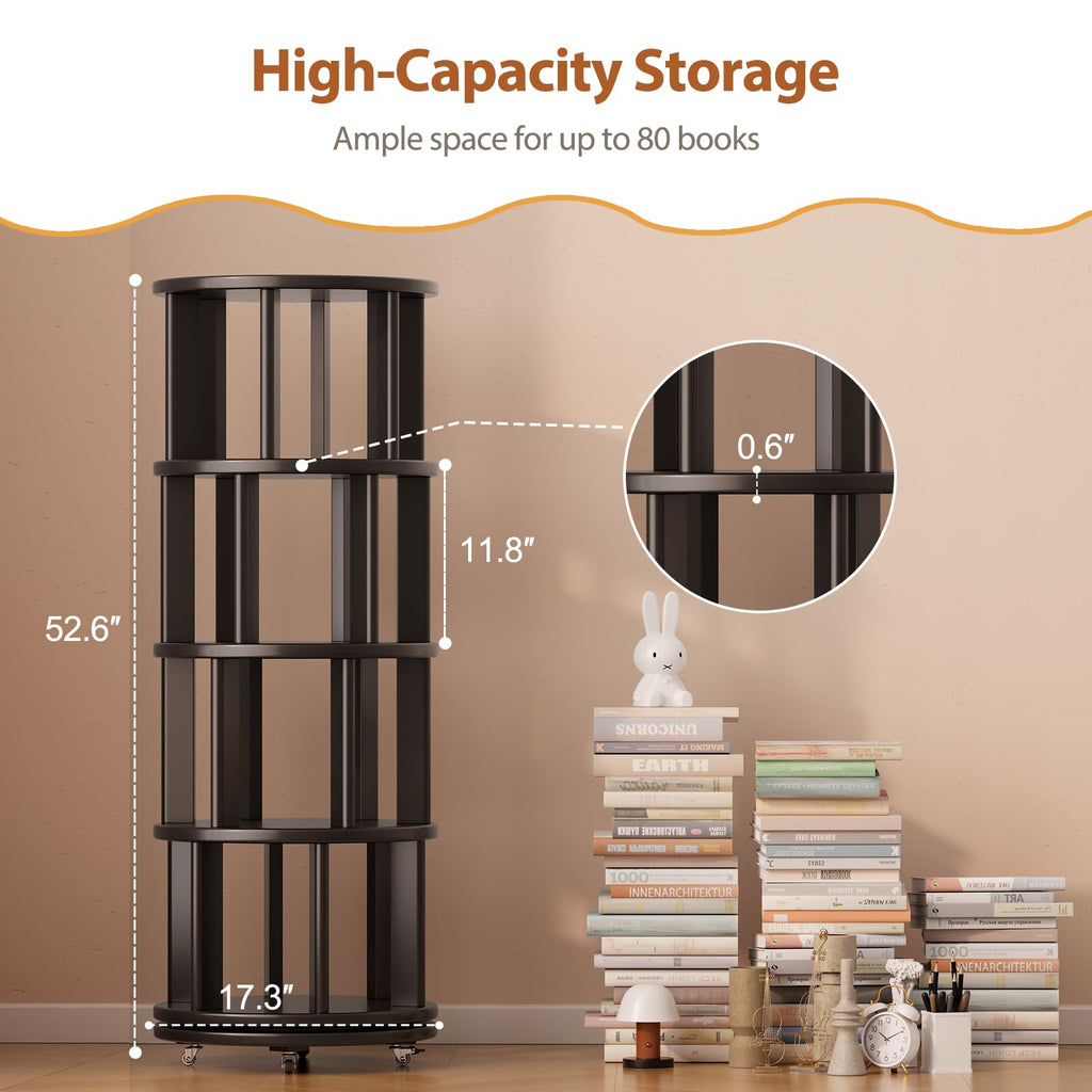 4 Tier Solid Wood Rotating Bookshelf Tower on Wheels, Black