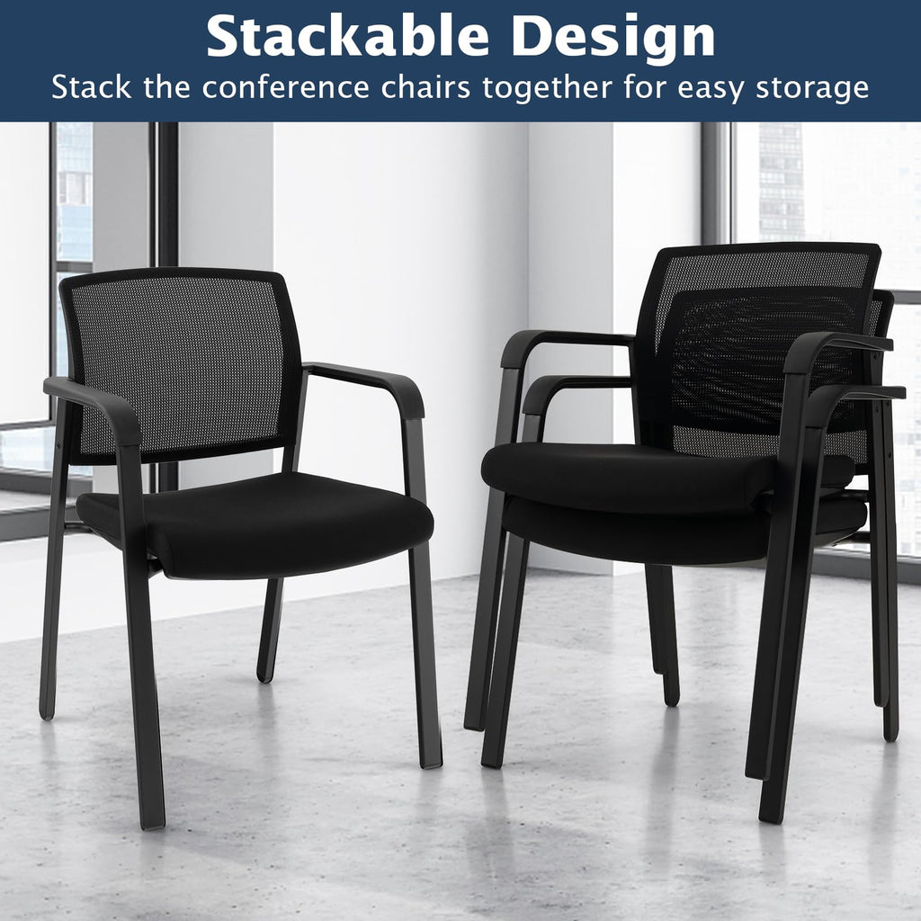 2-Pack Reception Room Chair Set with Mesh Back, Metal Frame & Padded Seat, Armrests, No Wheels, Stacking Guest Chairs