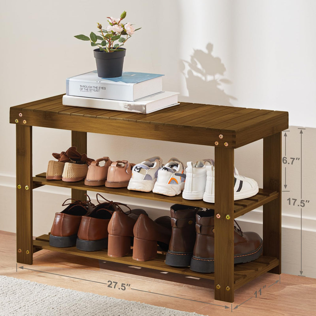3 Tier Bamboo Shoe Rack Bench, Yellow Brown