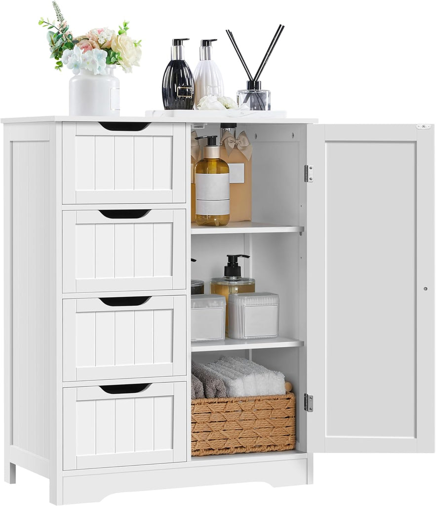 Bathroom Storage Cabinet with 4 Beadboard Drawers and Door, White | Floor Cabinet Hides Towels and Toiletries in