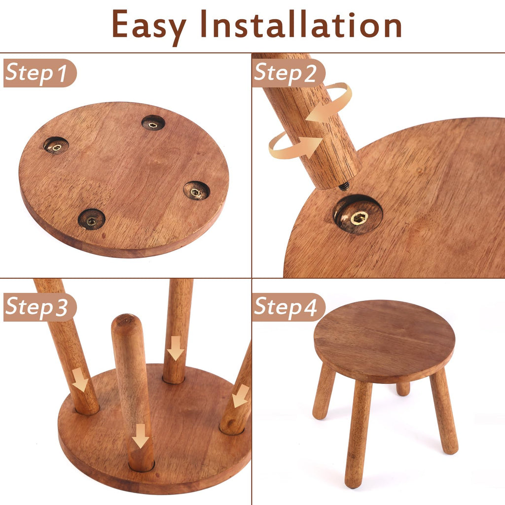 Round Solid Wooden Stool, Plant Stand, Step Stool, Walnut, 11.8" H