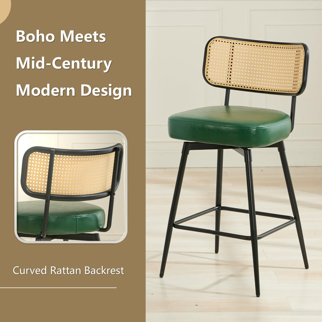 Rattan Bar Stools Set of 2, Swivel Counter Height, Green