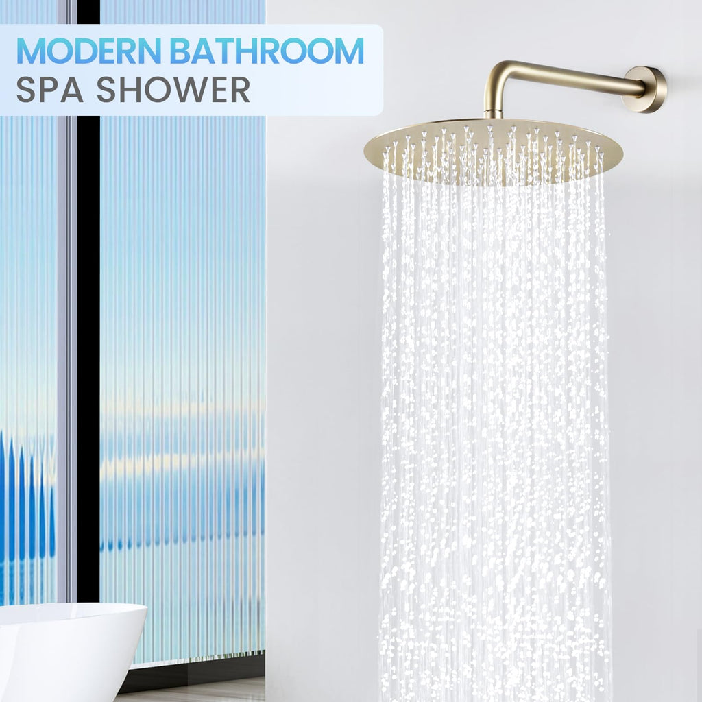12 inch Brushed Gold Rainfall Shower Head - All Metal Stainless Steel Full Body Round Rain Shower with 120 Silicone