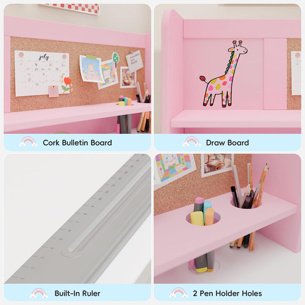 Kids Desk and Chair Set, Wooden Desk for Kids with Tiltable Desktop & Hutch, Kid Desk with Storage Cabinet, Study