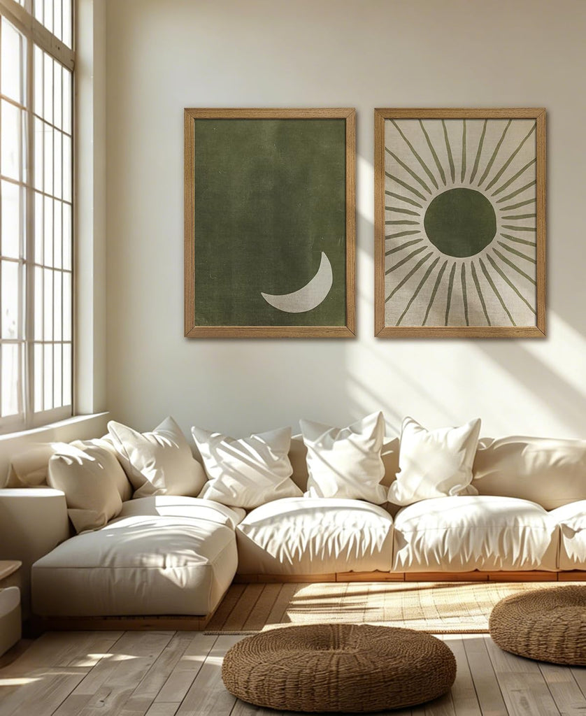 Sage Green Boho Wall Art Set of 2, Wood Framed Sun and Moon Decor, Minimalist Mid Century Modern Celestial Prints