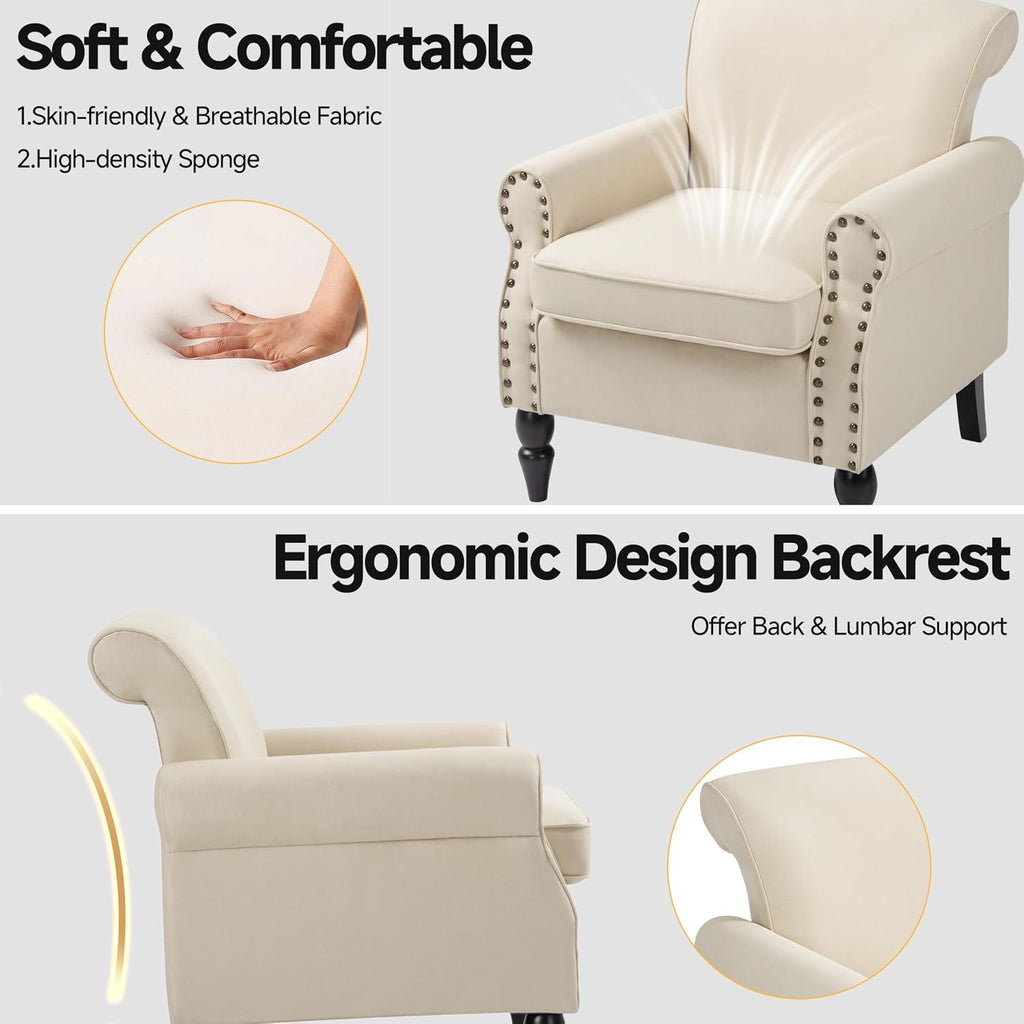 Wingback Accent Chairs Set of 2, Living Room Chair with Wood Legs, Beige | Mid-Century Modern Upholstered Armchair