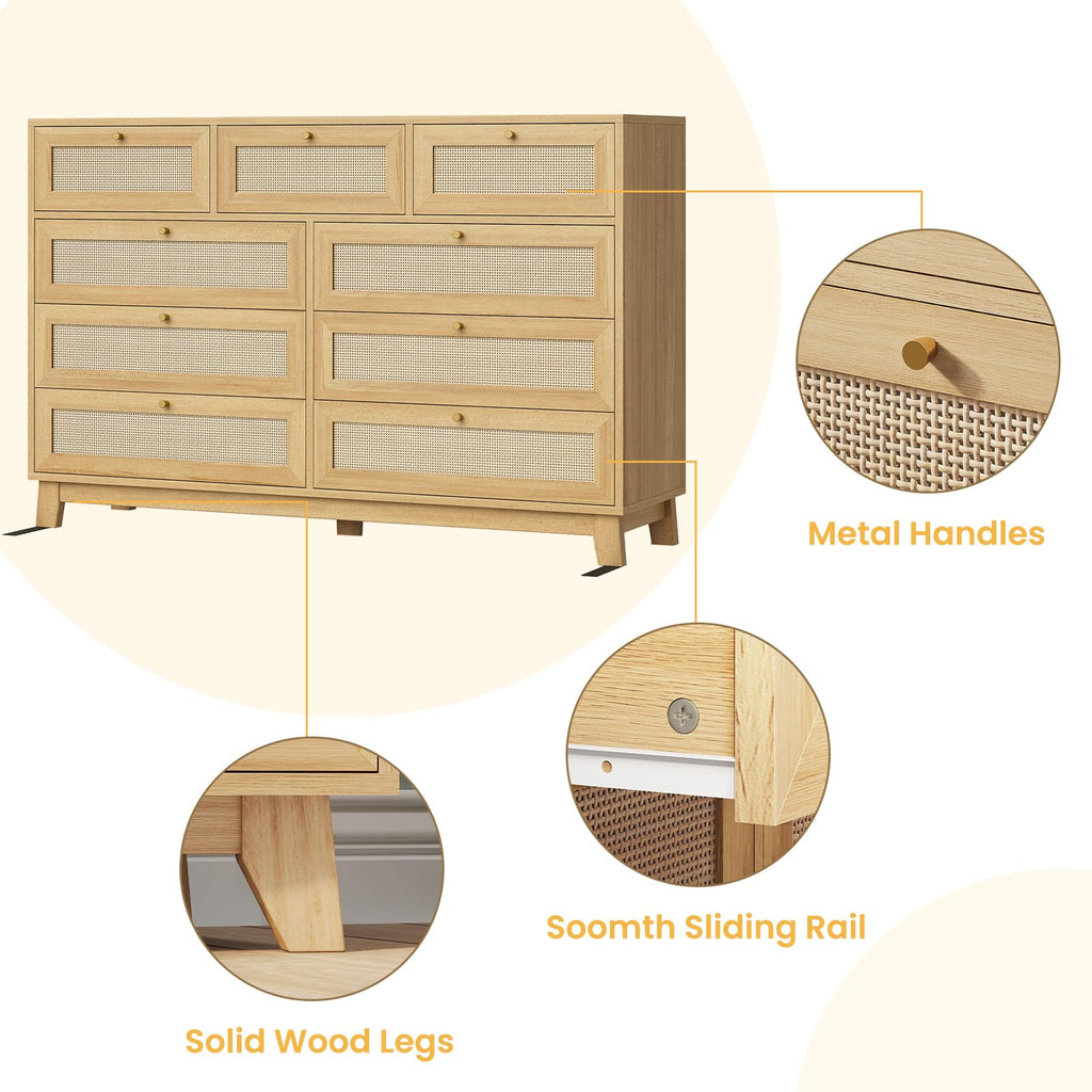 Rattan Dresser with 9 Drawer, Modern Wooden Long Bedroom Dresser, Chest of Drawers with Metal Handle & Solid Wood