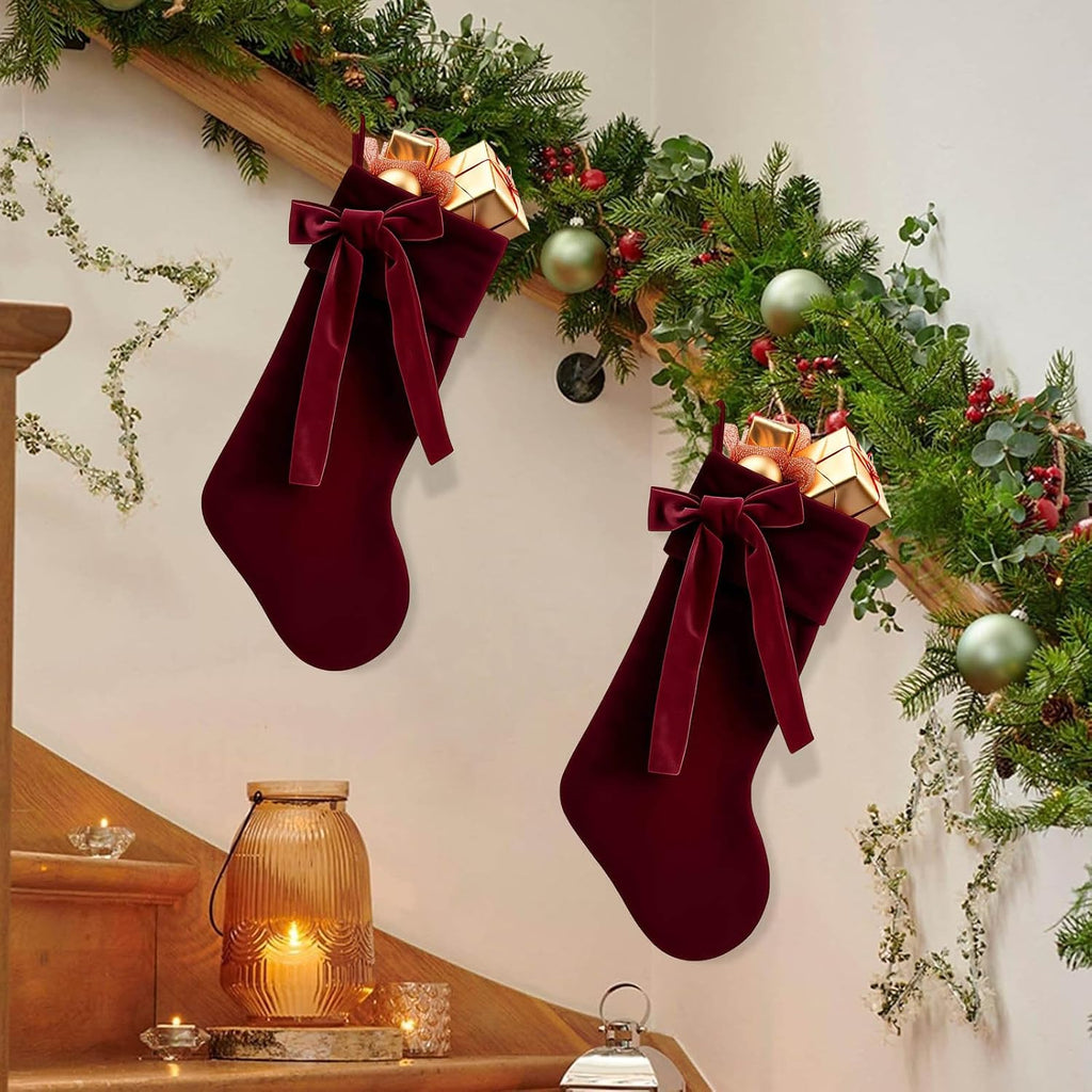 20 Inch Velvet Christmas Stocking, Christmas Decor Soft Velvet Stockings with Large Decorative Bow Luxury Velvet
